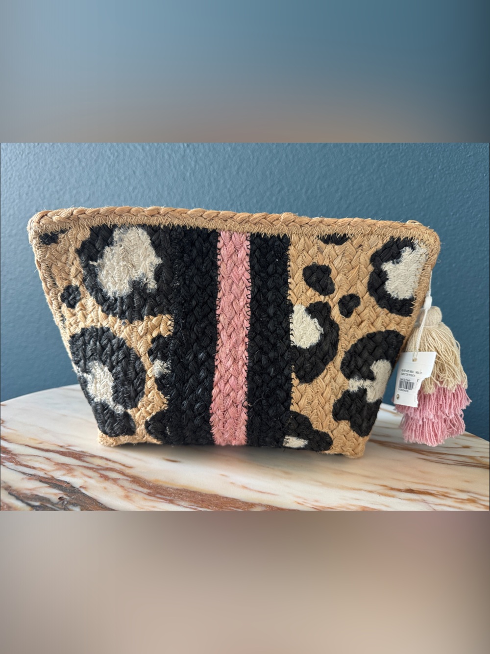Shiraleah Leopard Woven Clutch with Pink Center Stripe